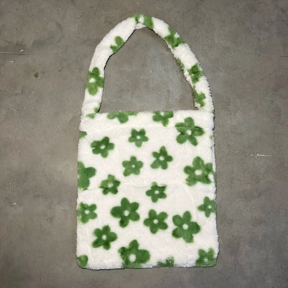 Fluffy Tote Bag Y2K Green Flower Plush Faux Fur Tote Underarm Shoulder‎ Bag